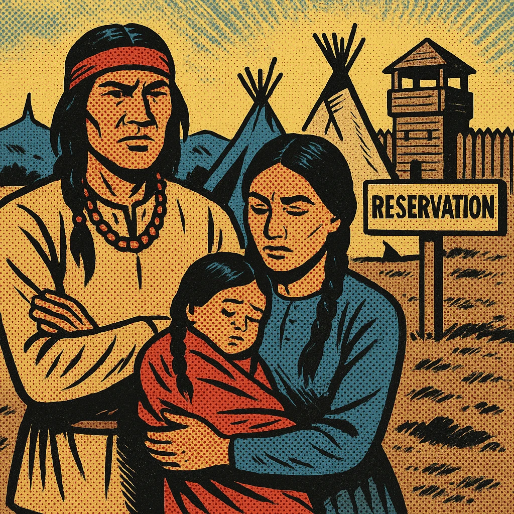 A native American family in the 1860s on reservation land in the American West. In the background are tepees, an American Army wooden fort and a wooden sign which says RESERVATION emoji