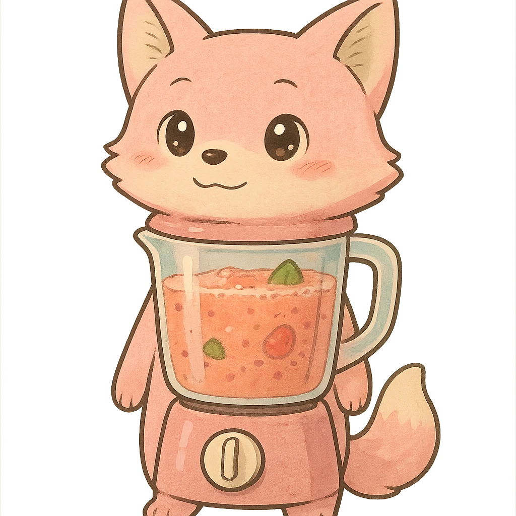 a soft, pastel pink fox as a blender, with a transparent body showing a fruity smoothie inside, sparkling eyes, full-body emoji
