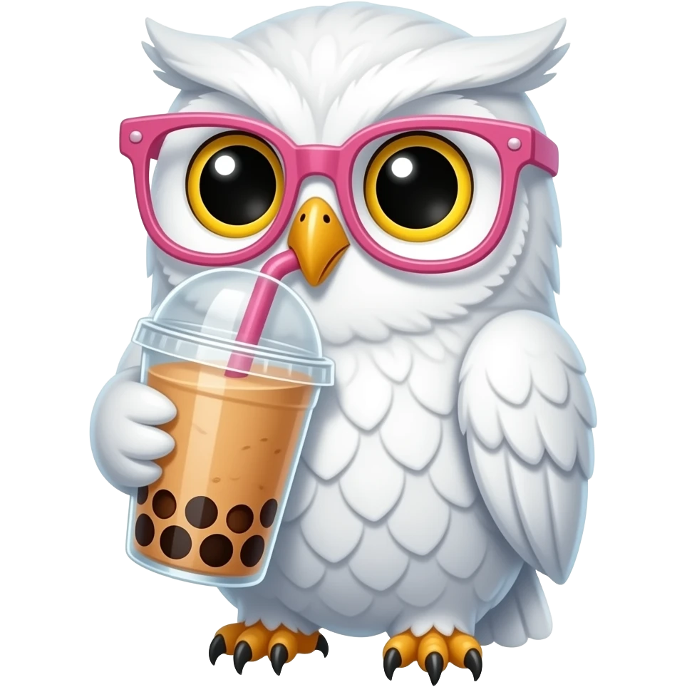 Bubble tea drinking white fluffy owl wearing pink glasses anime style cute emoji