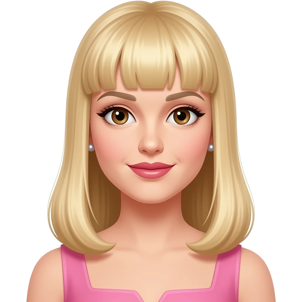 female, 50's blonde straight long hair with straight fringe, earrings, brown eyes, pink dress emoji