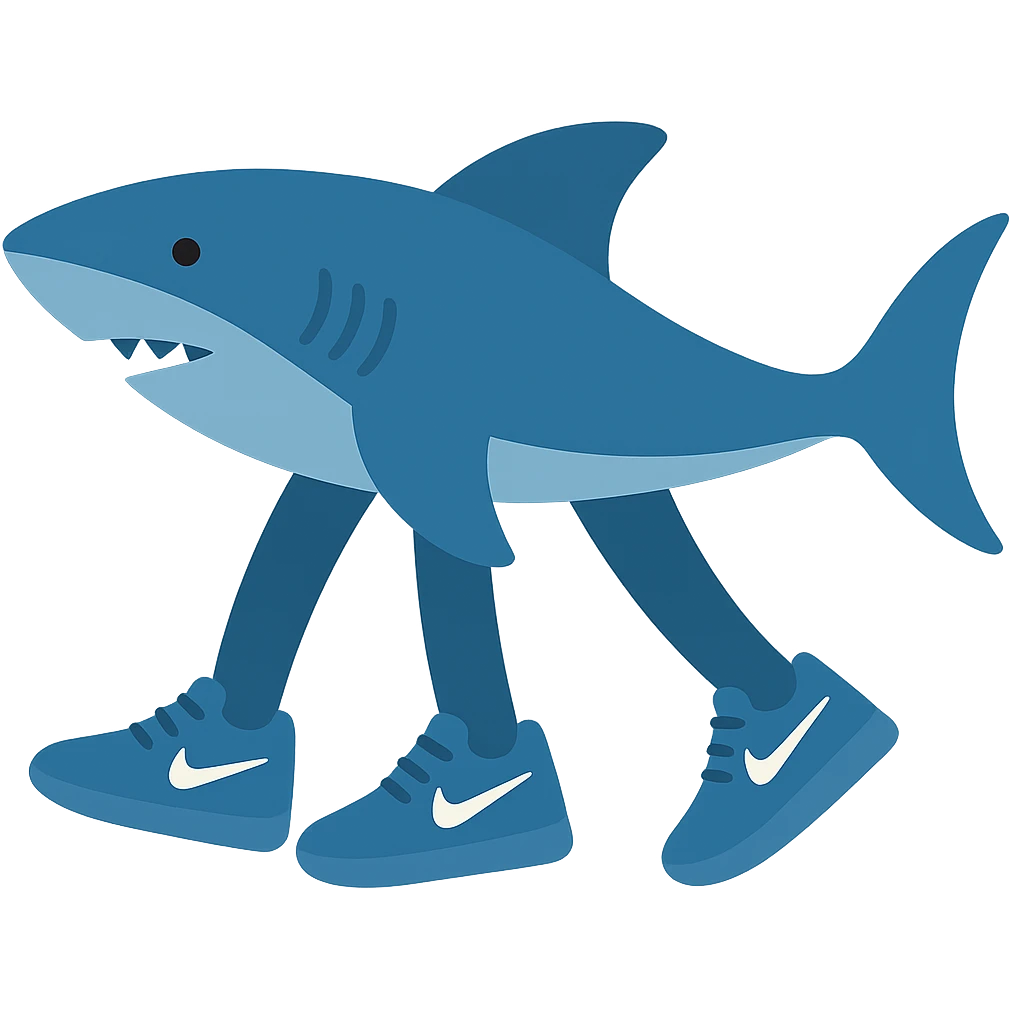 Haz que las zapatillas sean azules, mantén el estilo icono colorido, fondo transparente, el tiburón sigue con tres patas y el logo Nike blanco en las zapatillas. emoji
