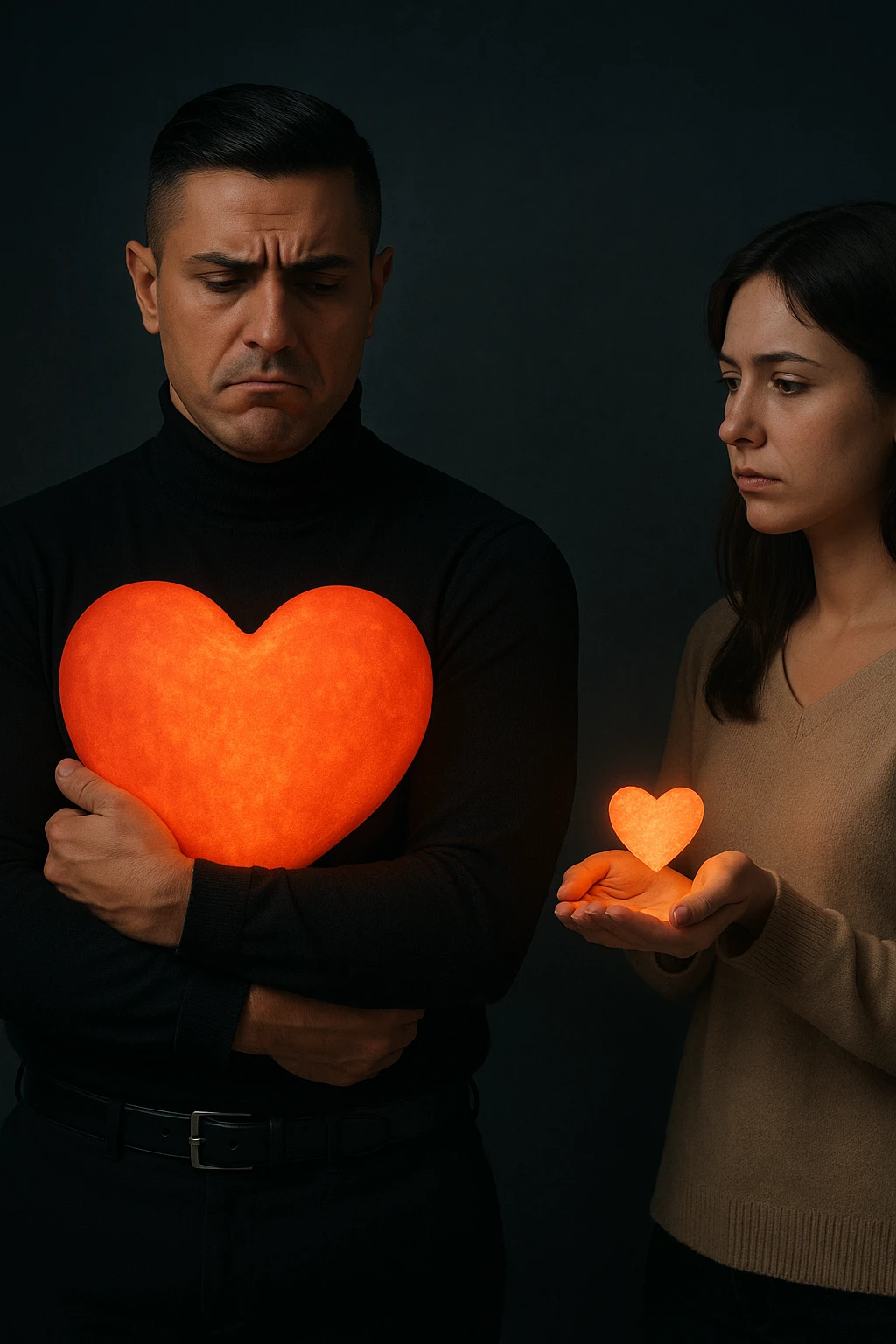 an Italian man in his 30s with olive skin and dark hair stands apart from a woman who offre un piccolo cuore luminoso tra le mani. Lui guarda il cuore con un’espressione triste e insoddisfatta, tenendo tra le braccia un cuore molto più grande e brillante, mentre la distanza tra loro è accentuata da luci soffuse e ombre. emoji