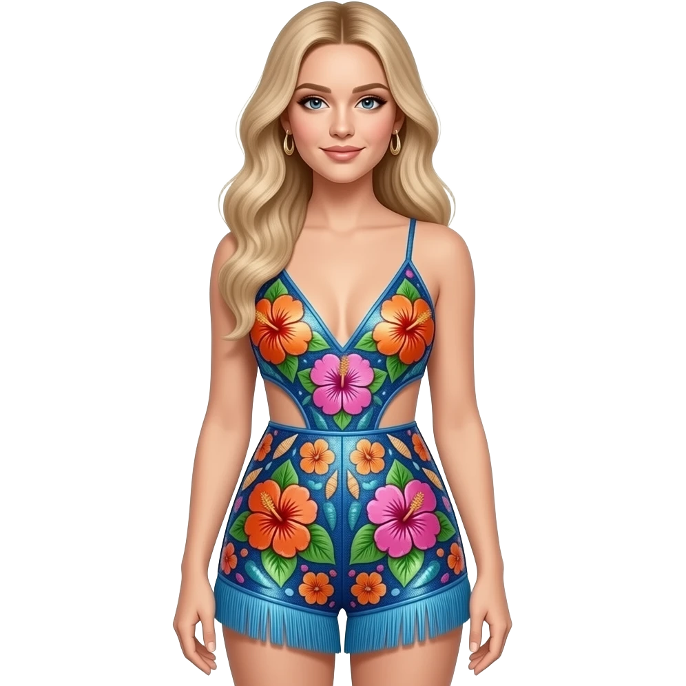 Zara Larson wearing a custom, tropical-inspired floral heavily sequined romper. It features vibrant pink, orange, and blue hibiscus patterns and seashells with a signature "cut-out" side detail and a fringed hem with flower sequins emoji