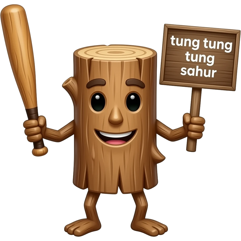 A wooden upright log but with arms and legs and a face. It should also be holding a wooden bat in 1 hand his other hand should be holding a sign that says tung tung tung sahur emoji