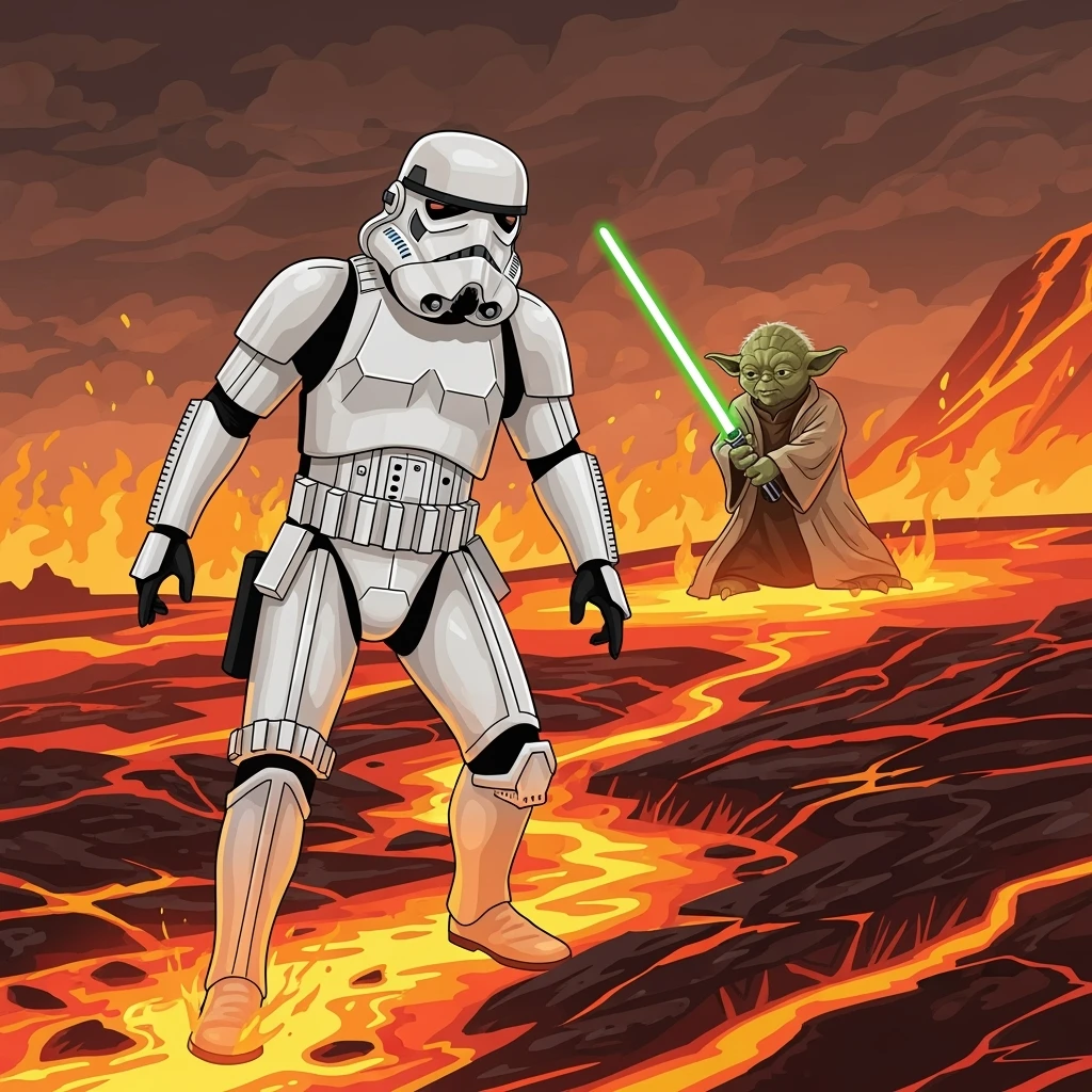 vector art of a Starwars stormtroopers is walking on lava planet with yoda, battleground background 
 emoji