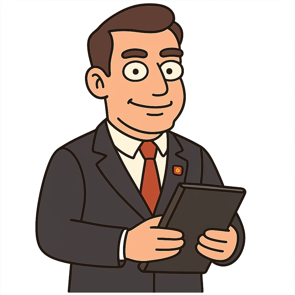 male manager emoji, cartoon style, flat design, wearing a dark suit, white shirt, red tie, golden Communist Party badge on left lapel, holding a black folder, confident expression, simple, white background emoji