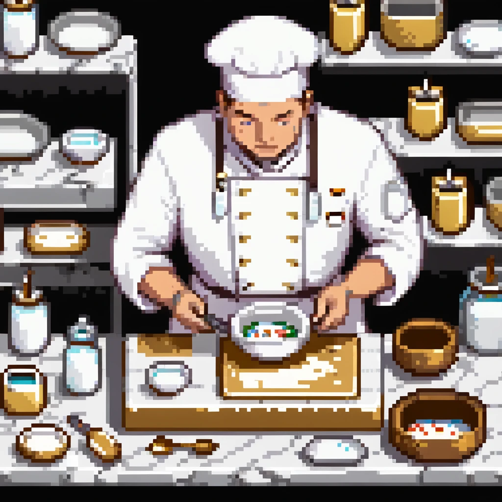 Ein eleganter Bäcker in weißer Uniform, arbeitet auf einer Marmorplatte mit Porzellanformen und goldverzierten Utensilien. Die Umgebung erinnert an eine klassische französische Patisserie. Interface wirkt wie graviertes Porzellan mit filigranen Mustern.
 emoji