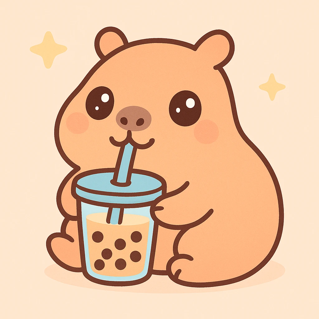 a fun and cute capybara drinking boba tea, playful and charming, adorable and friendly, with a straw and tapioca pearls visible emoji