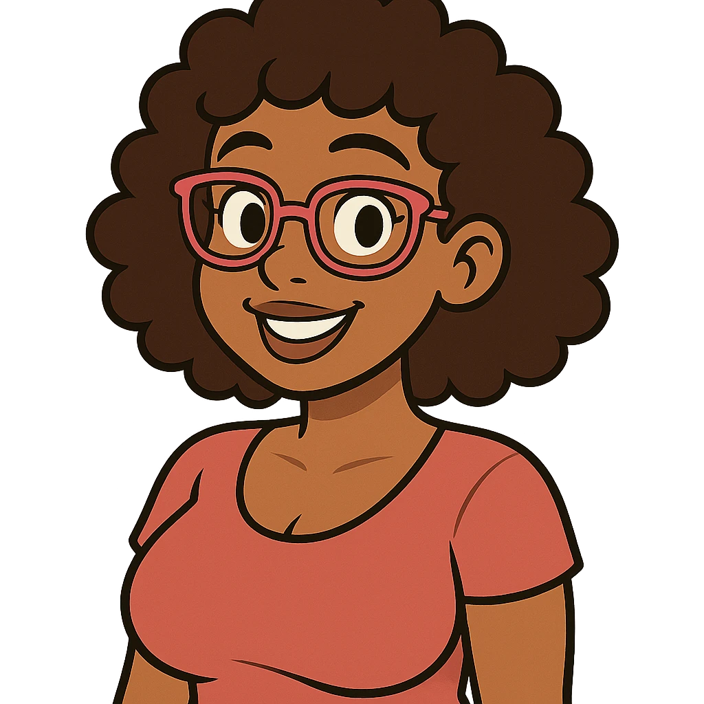 cartoon style character with curly hair, light brown skin, brown eyes, pink prescription glasses, busty emoji