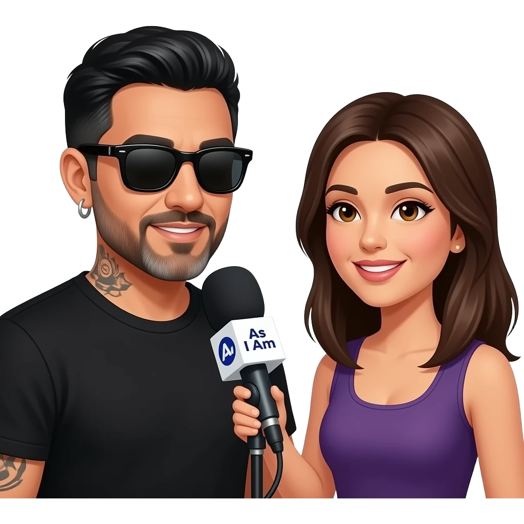 A podcast host, a handsome Latino man with medium hair, a graying beard, tattoos, hoops in his nose and ear, all in black with sunglasses, interviews a woman in front of a microphone with a logo reading "As I Am." emoji
