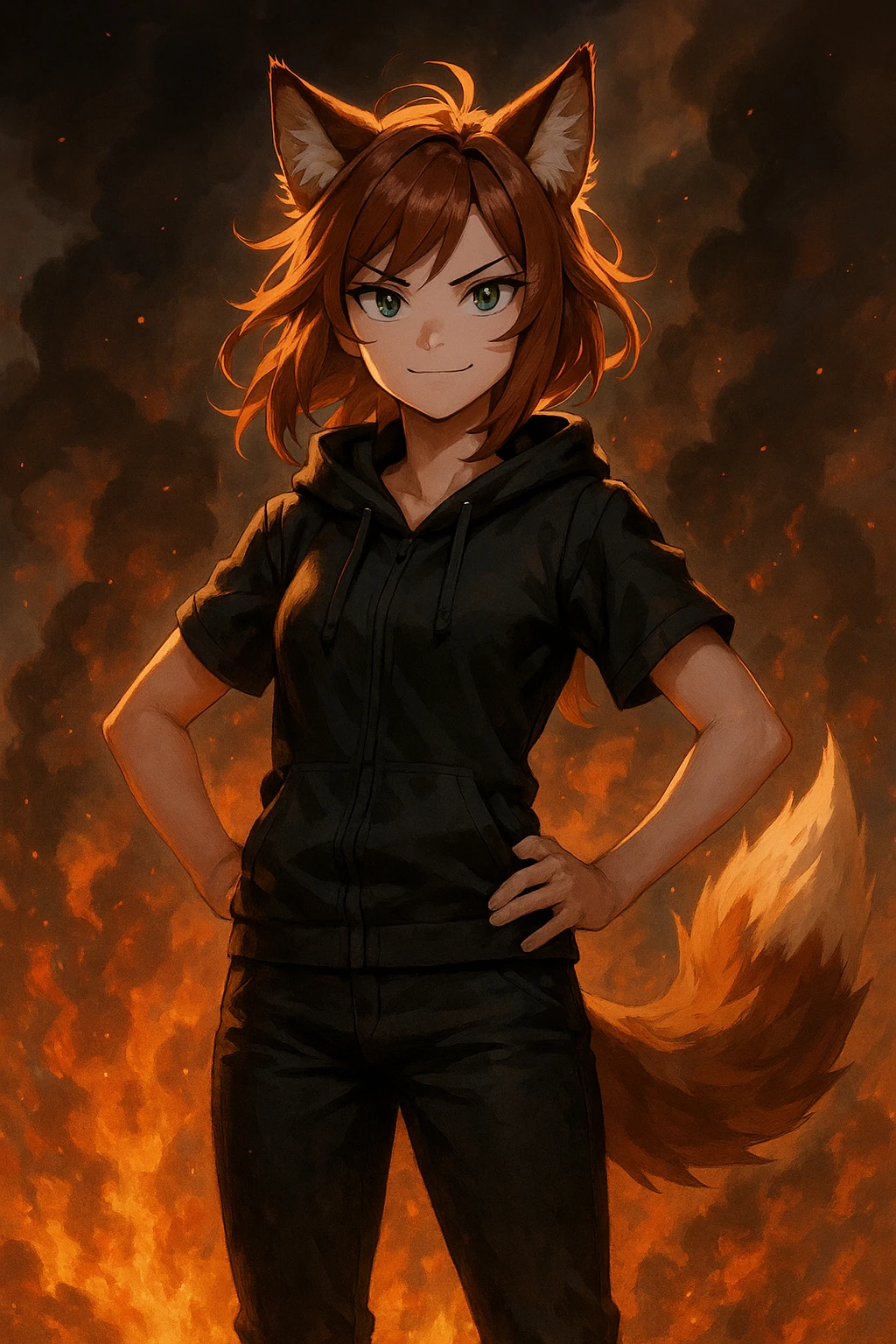 THE TWITCH AND YOUTUBE CHARACTER "ARIFOX_VT" STANDING IN FRONT OF SMOKE AND FIRE emoji