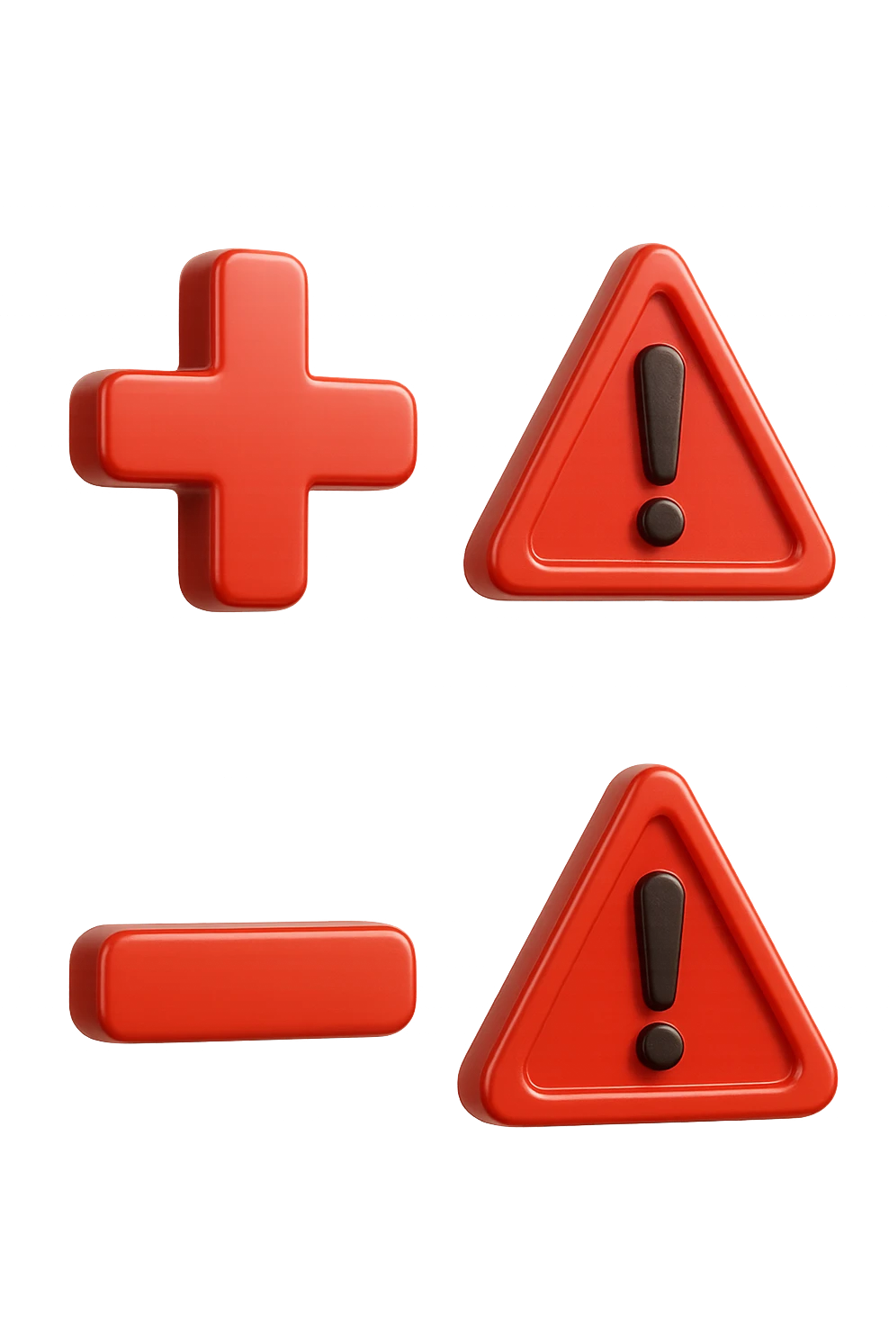 emoji stile iphone dei simboli "+" e "-" rossi in 3d che fluttuano in aria insieme a segnali di pericolo, FALLO MOLTO REALISTICO IN 3D emoji