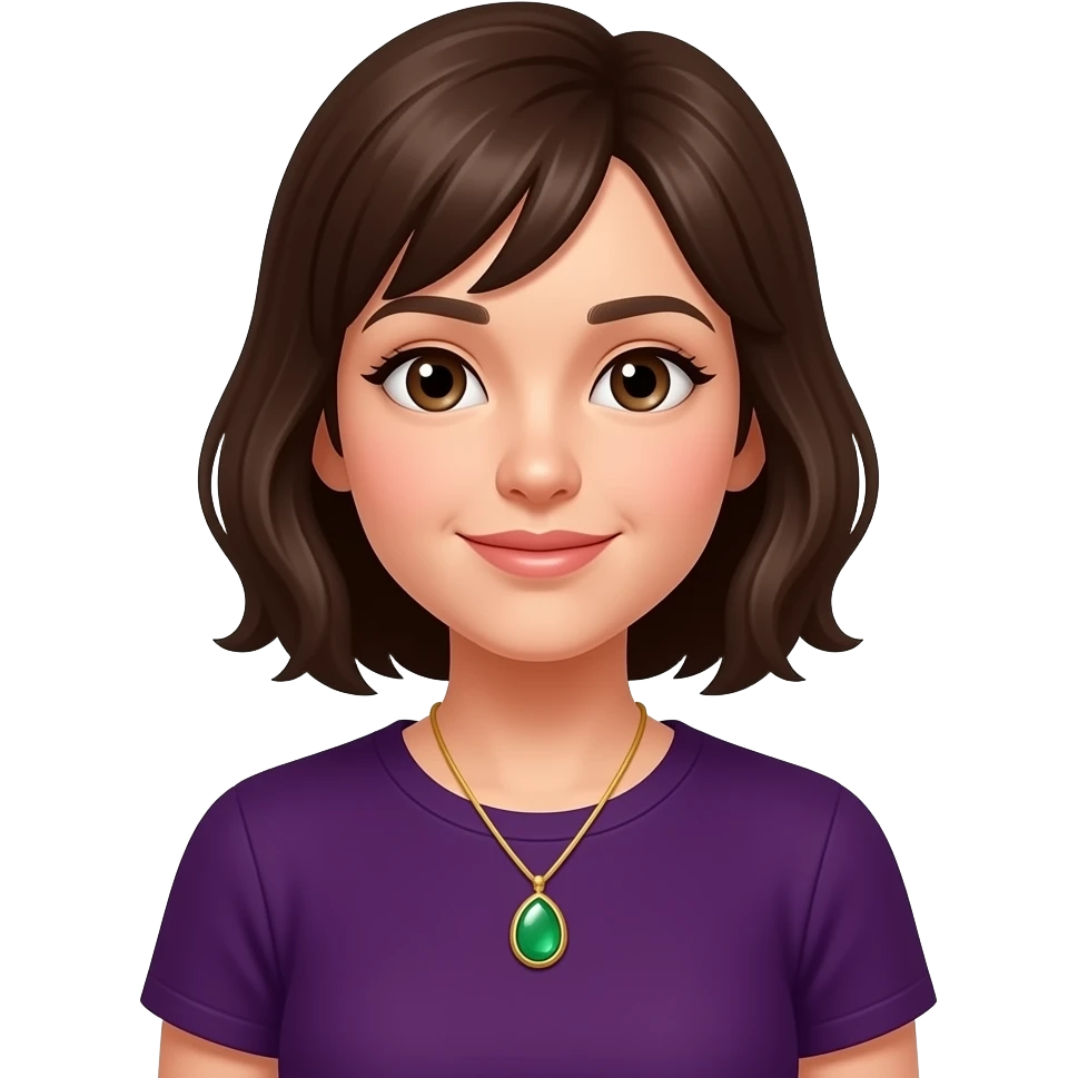 beautiful girl in dark purple shirt wear necklance with green stone emoji