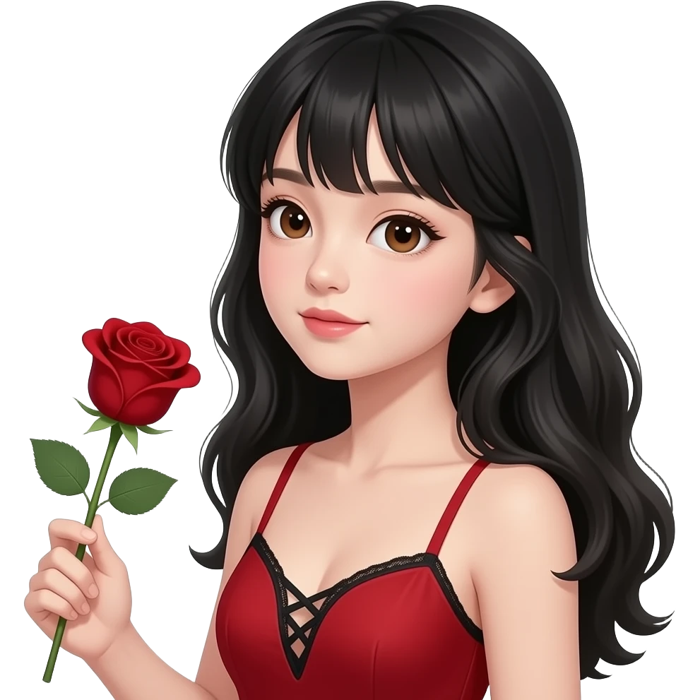 Chinese girl with black long hair styled curtain bangs, pretty brown siren eyes, a red dress, thin strap, with the top of a black bra showing laced, make her look attractive  have her head tilted to the side holding a blood red color rose make her look 15 years old and looking at the rose emoji