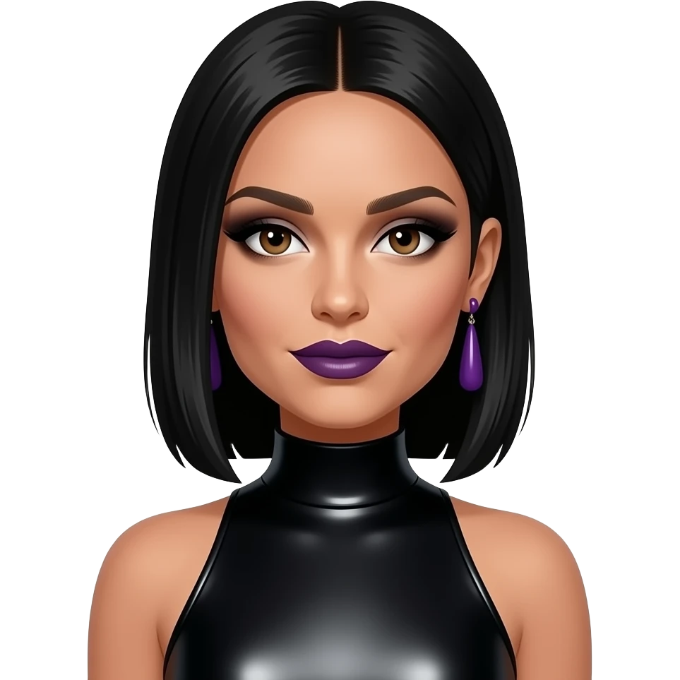 Victoria Beckham from Spice Girls with brown eyes, medium black straight hair, black eyeshadow, dark purple lipstick, black metallic high neck dress, dark purple earrings emoji