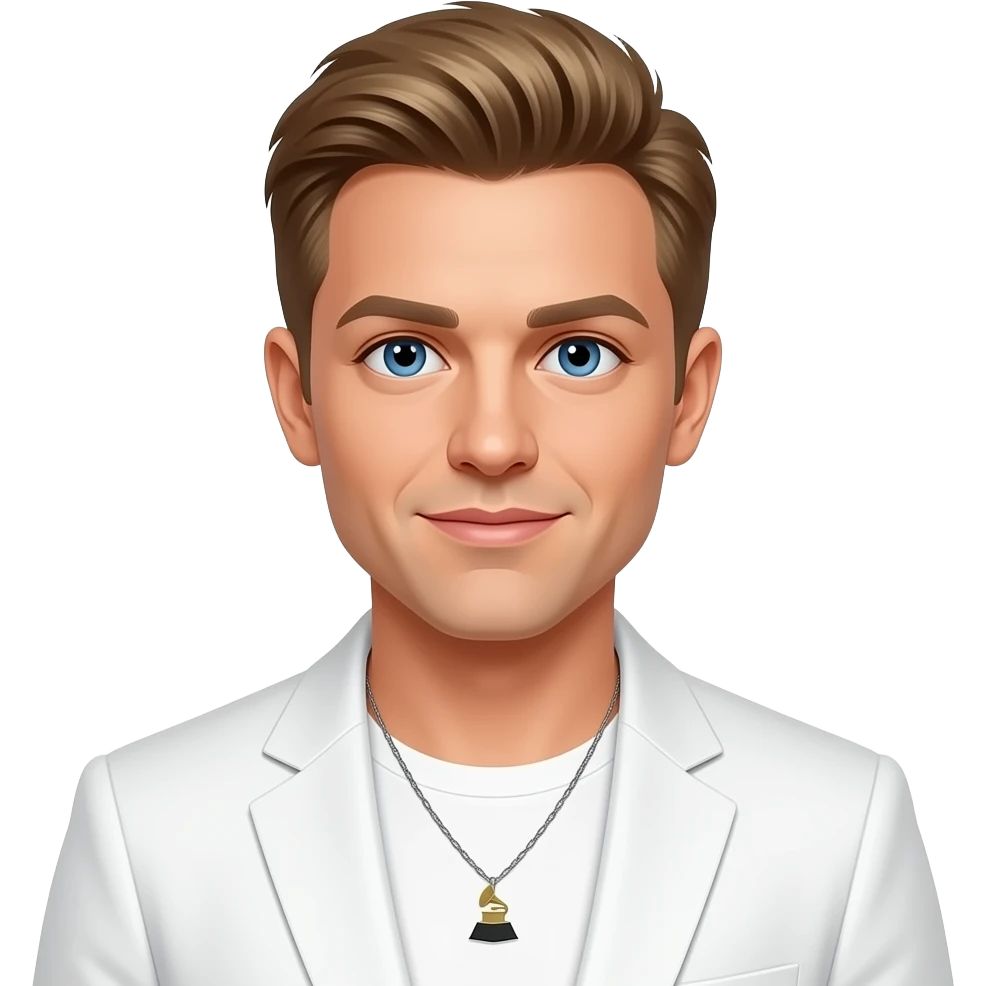Brian Littrell from Backstreet Boys with blue eyes, light brown hair, white grammy shirt and white suit jacket, necklace emoji