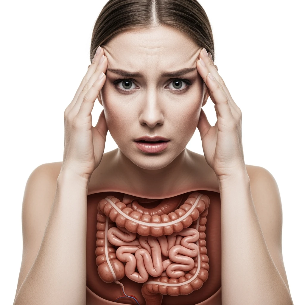 DONNA ANSIOSA CON INTESTINO UMANO ANATOMICO REALISTICO VISIBILE, SI TIENE LE MANI SULLE TEMPIE, iperrealistico 4k, SFONDO BIANCO emoji