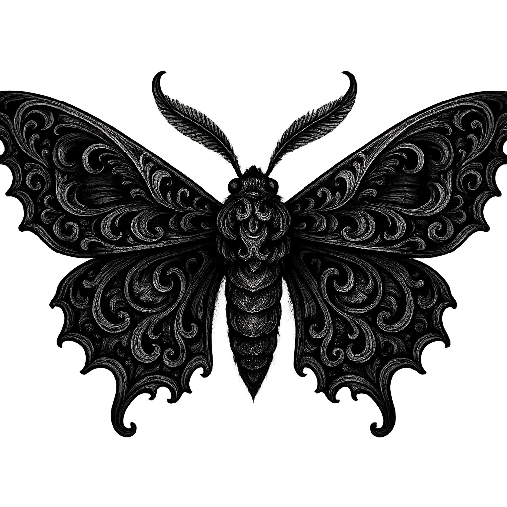 gothic moth, black and silver, ornate and dramatic, no background emoji