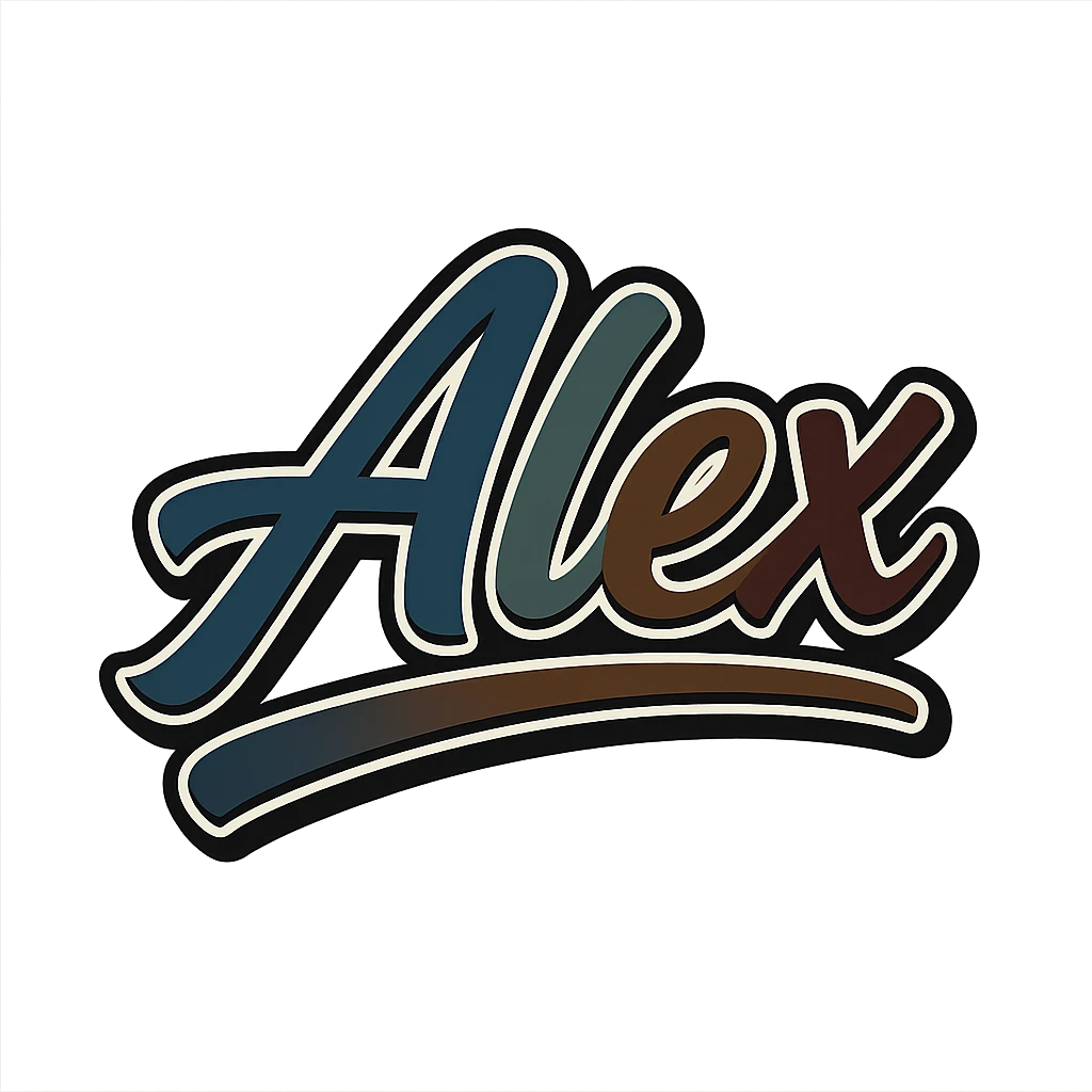 Alex name in modern, dynamic font with masculine gradient colors (blue, green, gray, dark burgundy, brown, dark blue shades), thin white outline, dark outer outline, underline, 1000x1000 px, PNG, transparent background, in the style of Péter sample image emoji