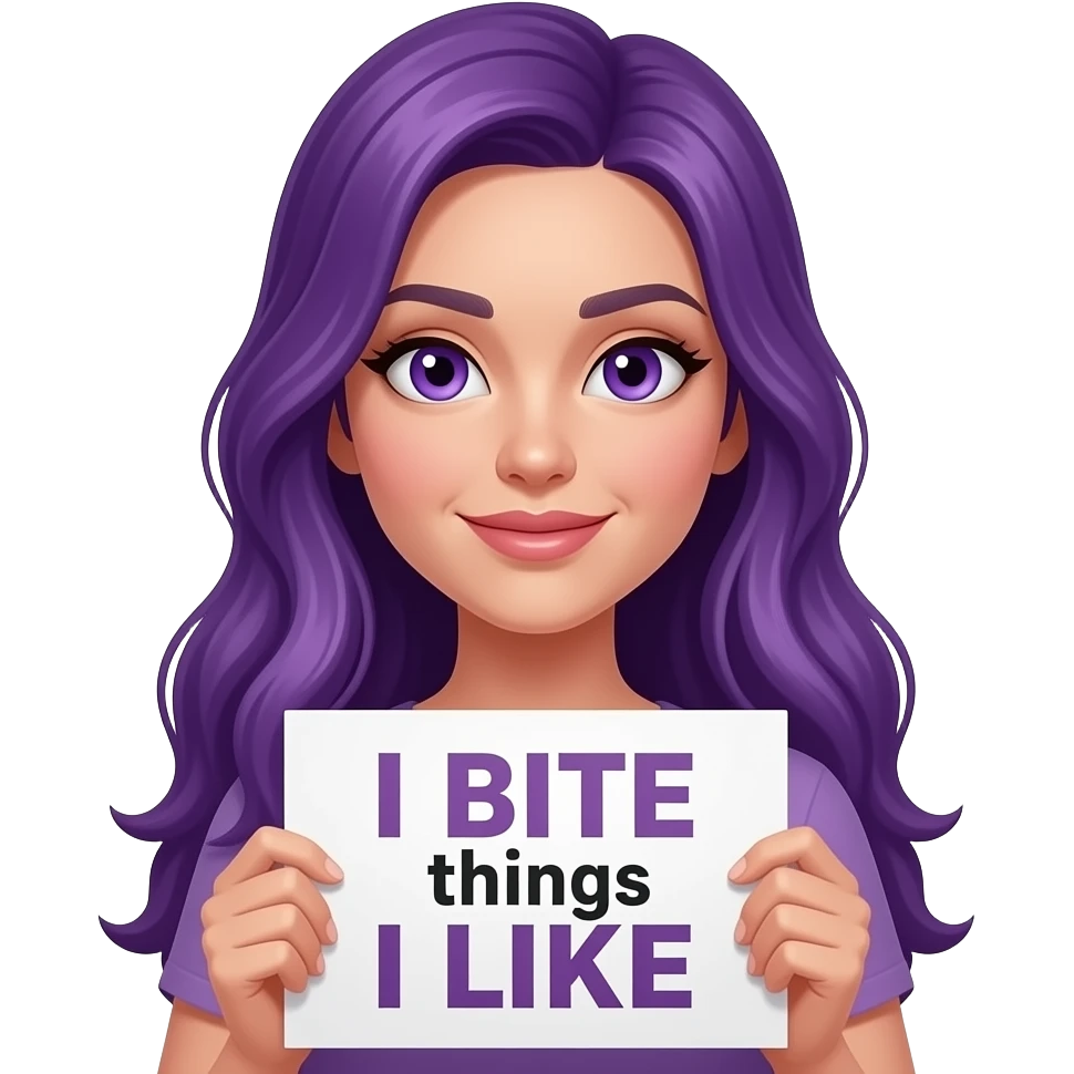 sexy girl with long purple hair and purple eyes holding a I BITE things I LIKE sign emoji