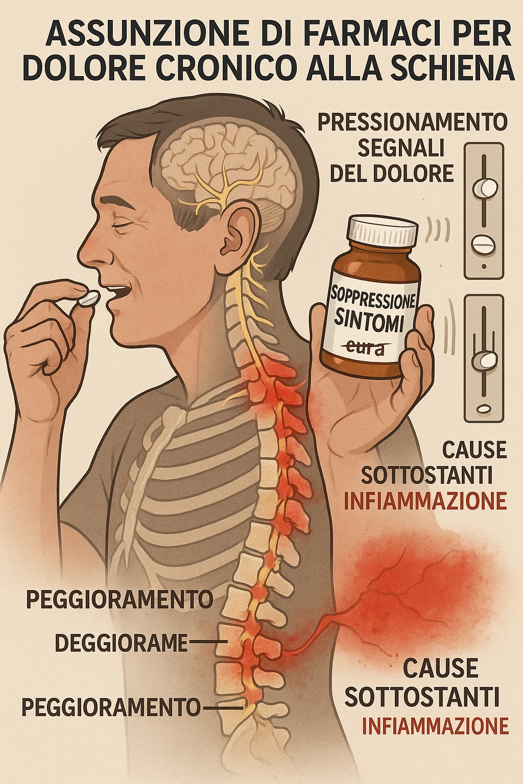 Man taking pain medication for chronic back pain, pills shown as dimmer switches turning down pain signals in transparent nervous system overlay, underlying spinal damage remaining completely untreated and worsening, expression of temporary relief masking progressive deterioration, medication bottle labeled 'symptom suppression' not 'cure', root cause inflammation continuing to spread in italiano emoji