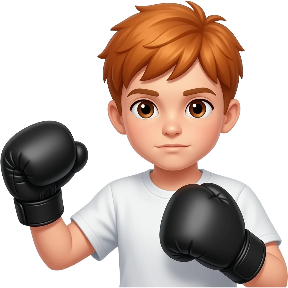Niño 8 años entrenando boxeo guantes negros con naranjo ojos cafe emoji