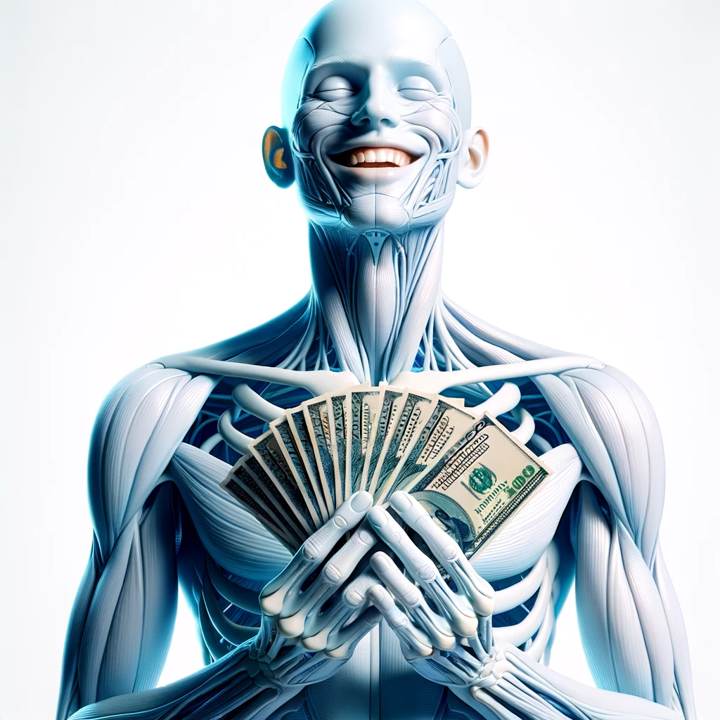 corpo umano anatomico sereno e felice con una buona opportunità per le mani insieme a banconote, iperrealistica 4k, isolato su sfondo bianco emoji