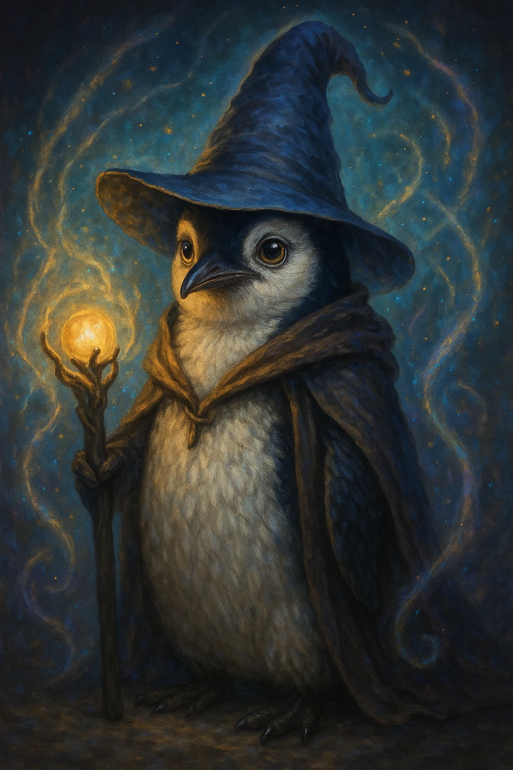 a penguin wizard with a pointy hat and a magic staff, magical aura, fantasy style emoji