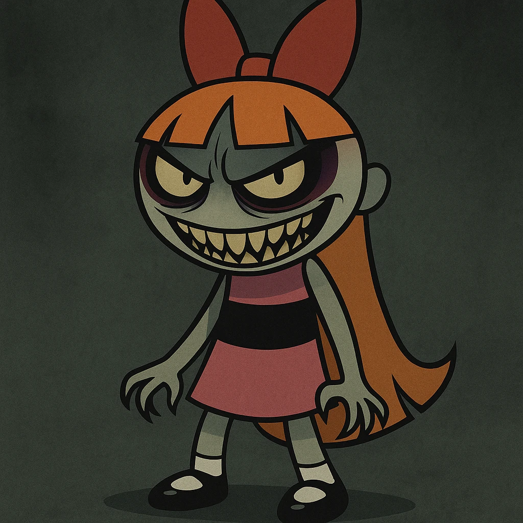 Full body cartoon style of Blossom from Powerpuff Girls with a scary and menacing face, keeping her signature pink dress and bow, using dark and eerie colors for the rest of the image. emoji