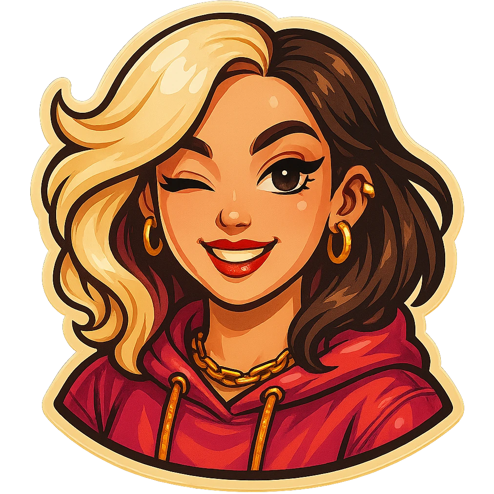 Make the girl more beautiful with expressive facial features, neat makeup, detailed hair, add accessories like earrings and chains, refine the clothing, add more small details. Use classic Telegram sticker style with clean outlines and light colors, no background. emoji