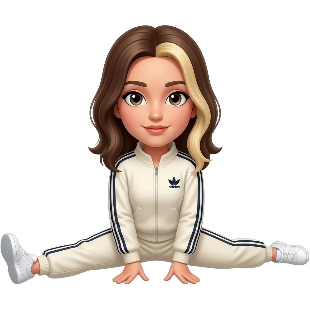 Light brown hair with blonde highlights, hair parted to one side, thin long face, mid length hair, cream adidas track suit, doing the split in a gif moving emoji