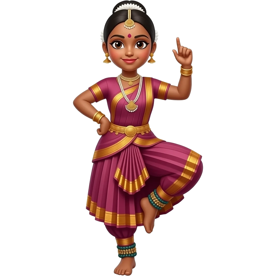Light brown skin girl in a bharatnataym dress left hand lifting up left foot and right hand lifted up in the air a little bent in aramundi emoji
