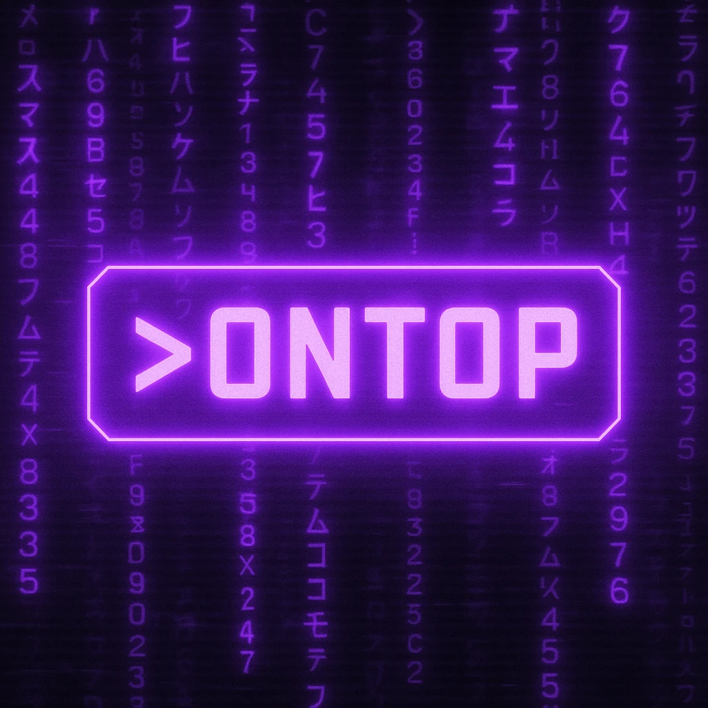 A seamless animated loop of a neon purple cyberpunk banner with glowing text that says ">ONTOP", centered in a rectangular box. The background features scrolling katakana and alphanumeric characters falling like digital rain (Matrix-style), with subtle screen glitches and pulsing light effects. The entire animation should have a moody, futuristic vibe, with soft purple glows and ambient flickers that bring the design to life. Format: 680x240px, looped animation, ideal for a Discord banner. emoji