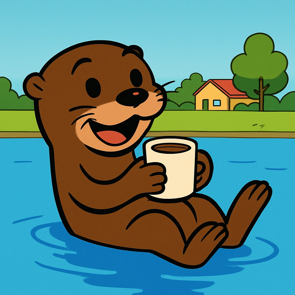 an otter floating on a lake and drinking a coffee, cute cartoon style emoji