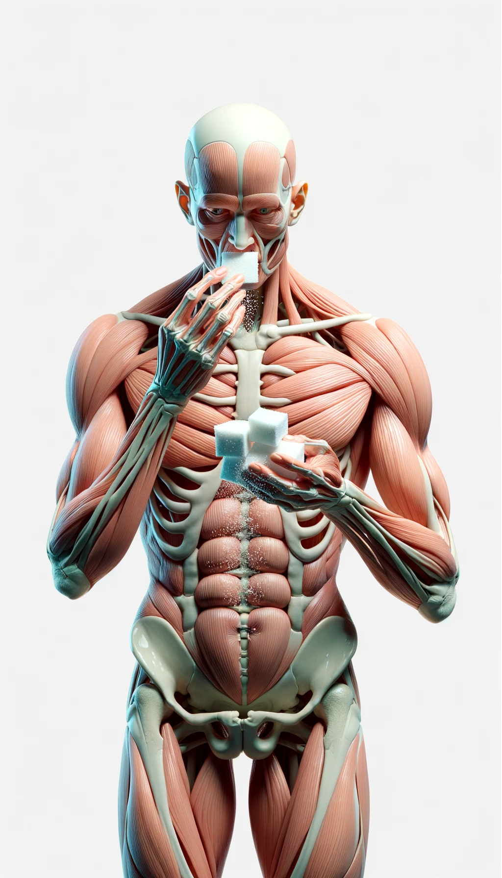 corpo umano anatomico in piedi a figura intera che mangia zollette di zucchero, posa frontale, iperrealistico 4k, isolato su sfondo bianco emoji
