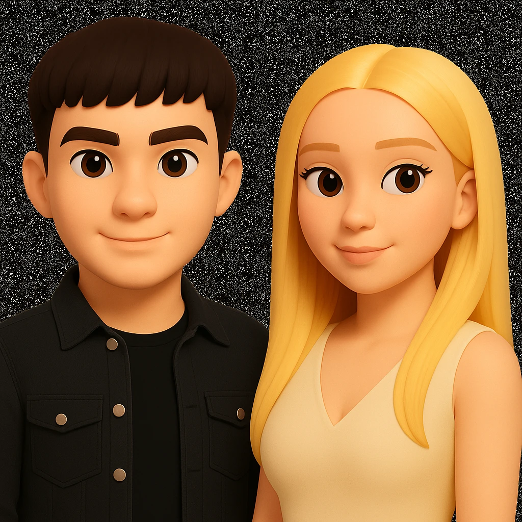 Slightly increase the volume of the upper body of the girl, separate the girl and the boy from each other, and make the skin color the same for both characters. Maintain the cartoonish 3D style in the image. emoji