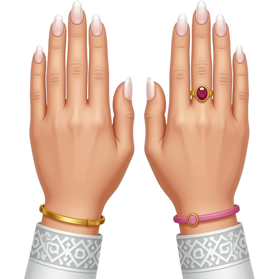 Two hands holding the position for dua in Islam, white elegant woman hands with acrylic nails and golden jewellry bracelet and a pink bracelet too and a ruby ring emoji