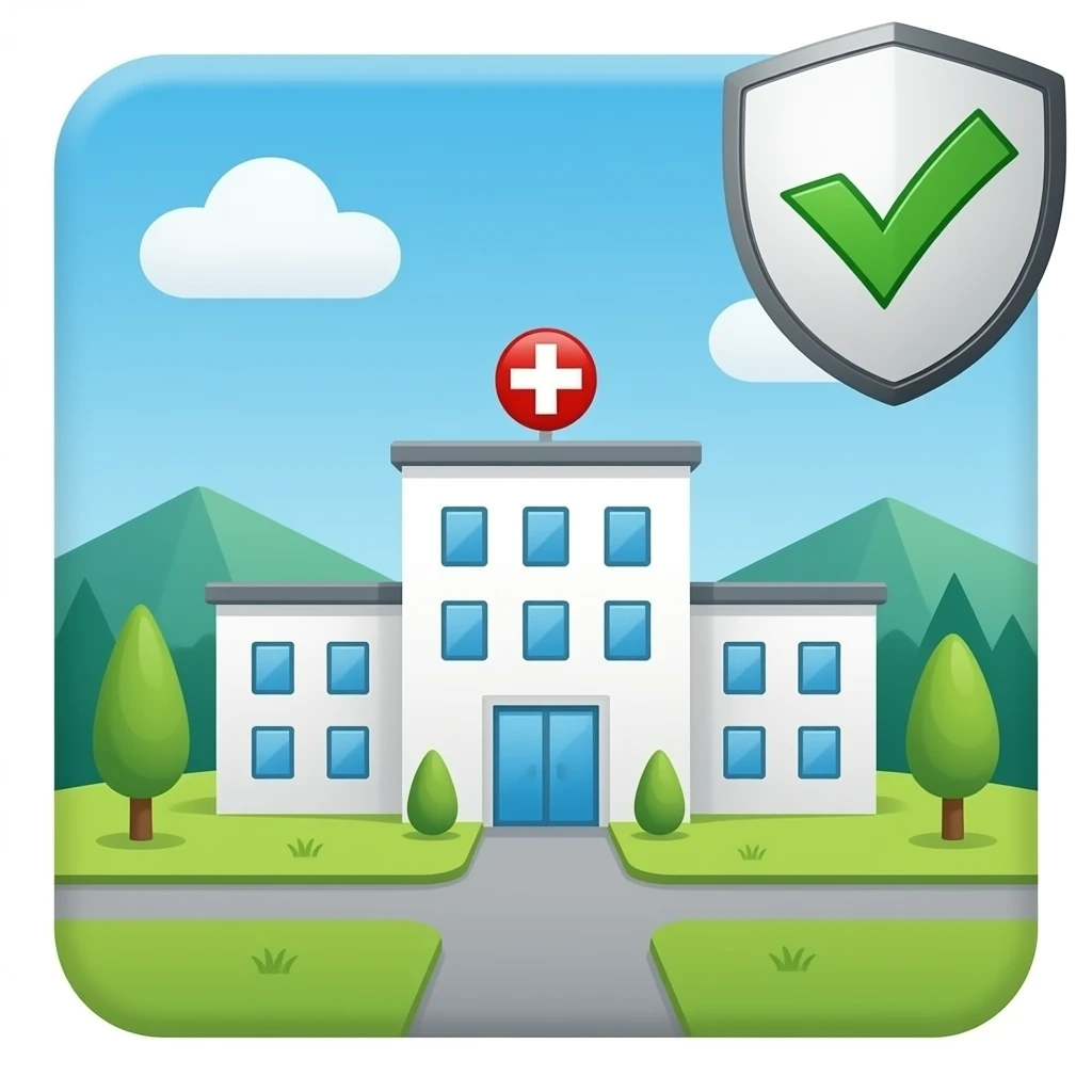 Hospital con la cruz arriba y superpuesto encima a la derecha un escudo con un tick dentro emoji