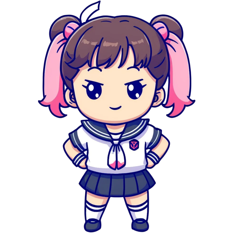 Adorable anime schoolgirl with pink twin tails and big eyes wearing sailor uniform, cute chibi style emoji