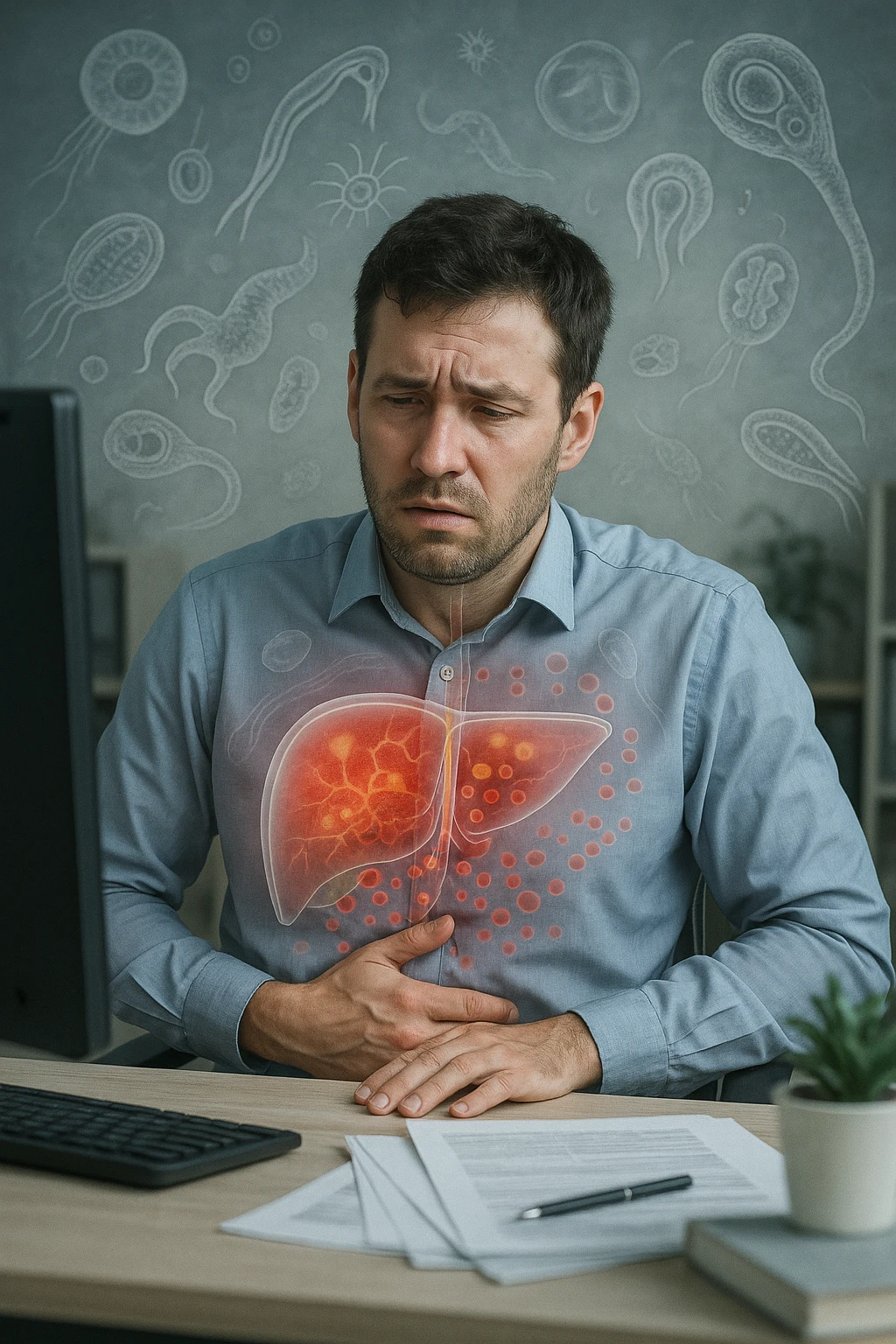 Man sitting at office desk experiencing subtle symptoms of liver dysfunction, upper abdominal pain, nausea, and unexplained fatigue Parasites: Types, Symptoms, Treatment & Prevention, expression of confusion about vague health issues, liver shown in transparent overlay with early inflammation, toxins beginning to accumulate in bloodstream, productivity declining as liver struggles to filter properly emoji