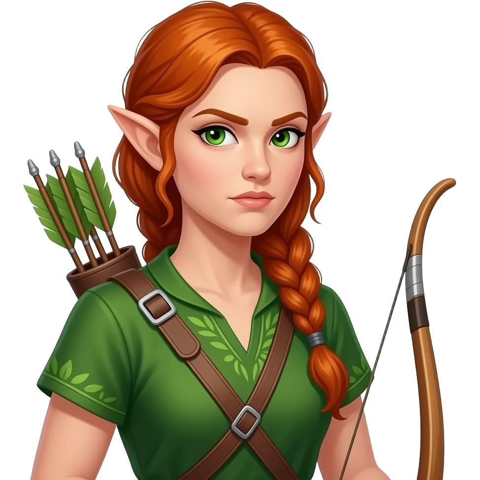 femme adulte rousse aux yeux verts, air déterminé, tresse haute jusque dans le dos, ressemble à une elfe, archère avec un carquois et un arc, tenue verte emoji