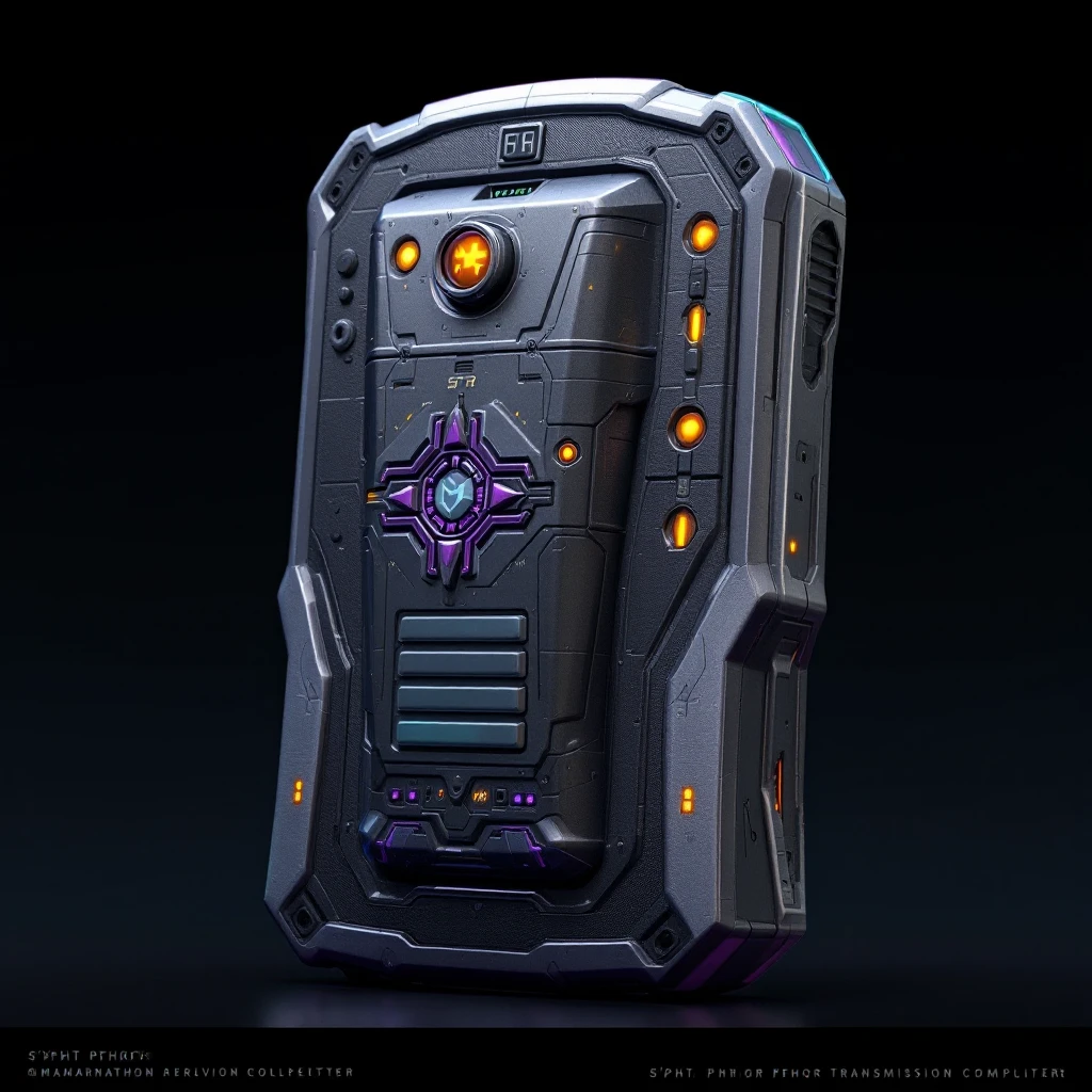 A S'pht Pfhor dialect radio transmission compiler: a compact, alien communication device with S'pht glyphs, pulsing lights, and a blend of smooth curves and sharp angles. The design evokes Marathon's alien tech, with a metallic finish and hints of purple and teal. emoji