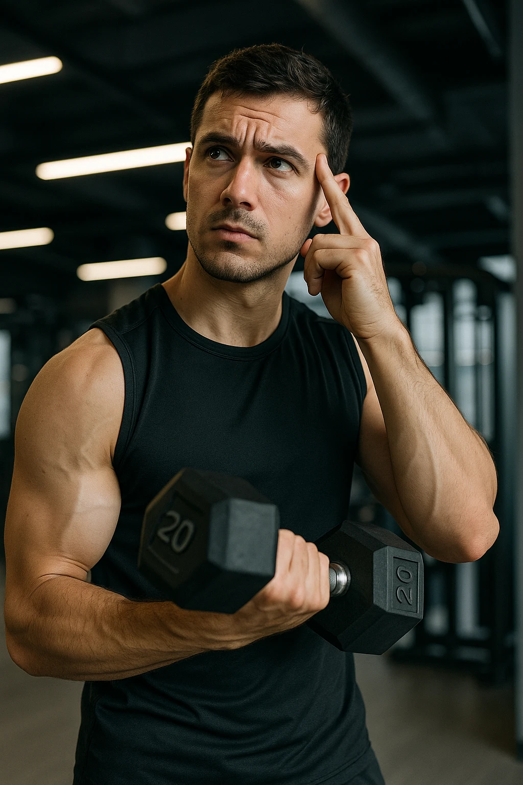 sporty man in gym inspired by reference photo, holding dumbbell, mentally calculating exercise intensity, thoughtful expression, modern environment, vertical format emoji