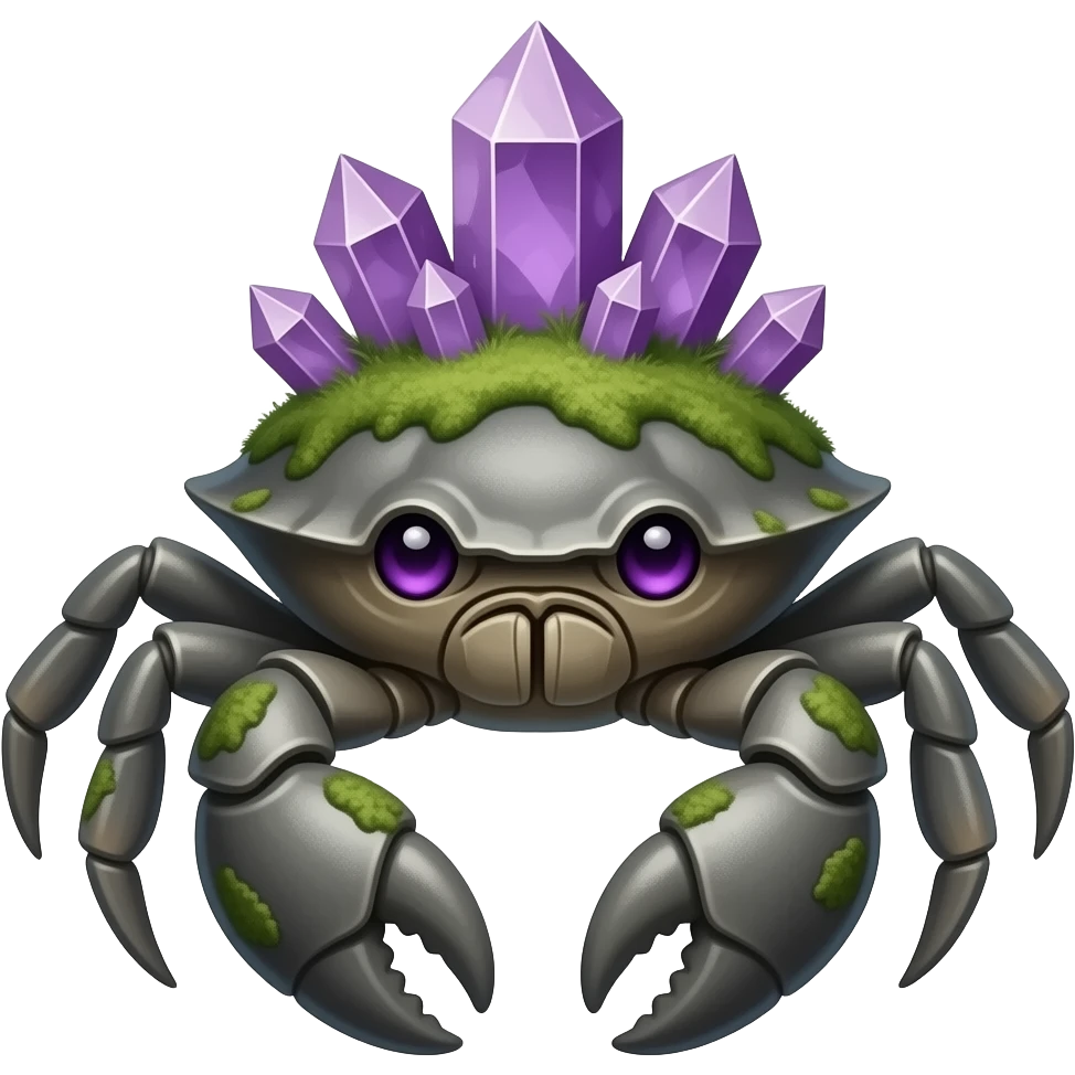 A big Gray crab with moss on its back in with purple crystals on its back and also with purple eyes facing forward emoji