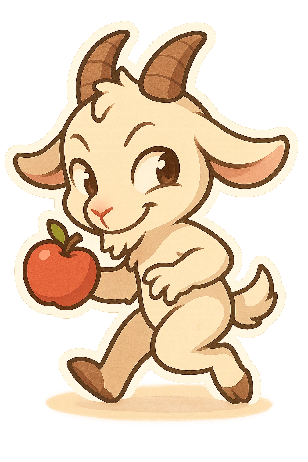 chibi goat, mischievous, tiptoeing with a stolen apple, playful eyes, simple background emoji