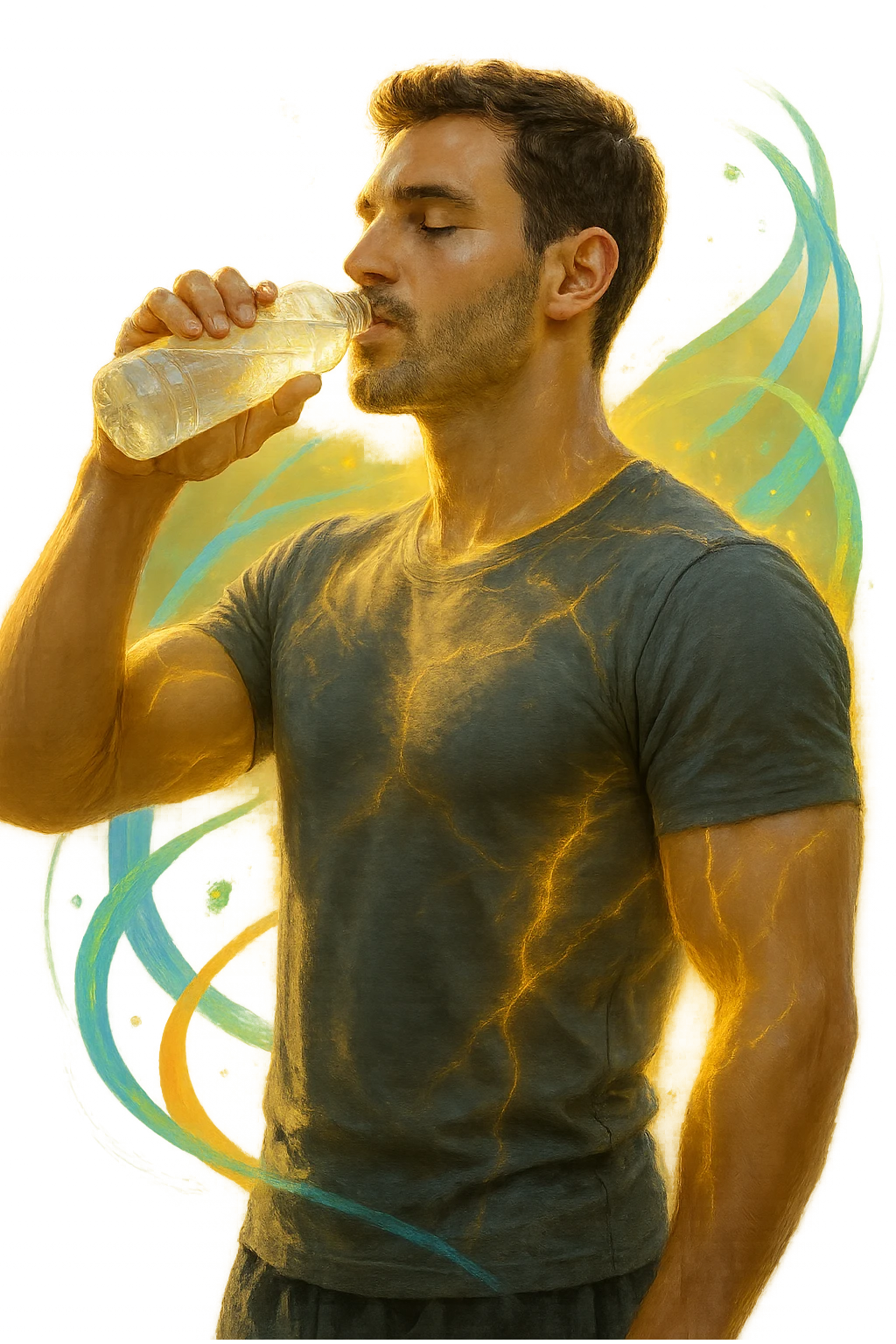 Uomo atletico sui 30 anni, al mattino presto, mentre beve una bevanda trasparente ricca di elettroliti da una borraccia. Il suo corpo è illuminato da una luce naturale dorata e mostra una leggera aura energetica attorno ai muscoli, simbolo di rigenerazione e recupero. Espressione rilassata e vitale, pelle idratata e luminosa. Intorno a lui flussi leggeri e colorati (blu, verde, arancio) rappresentano il bilanciamento degli elettroliti: sodio, potassio, magnesio. Ambiente naturale o cucina moderna minimalista. Atmosfera positiva, pulita e rinvigorente. emoji