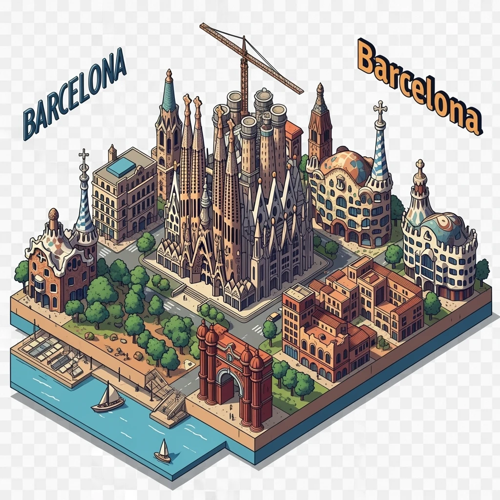 Isometric illustration of Barcelona, featuring Sagrada Familia with intricate spires, highly detailed in semi-realistic style with sharp outlines, balanced between stylized and realistic, 3D miniature effect, transparent background. emoji