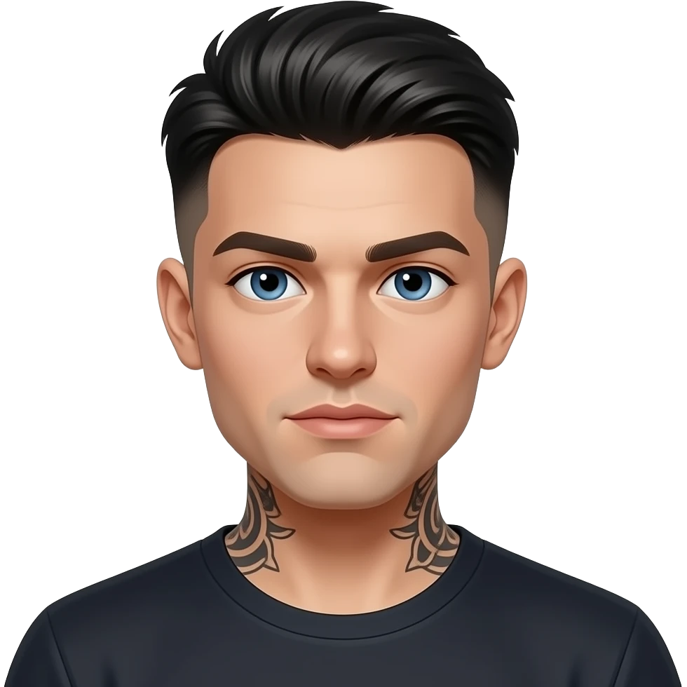 fusille du regard gars cheveux noirs low taper fade look dark beau et yeux bleus peau laiteuse pâle et tatoué musclé 25 ans emoji