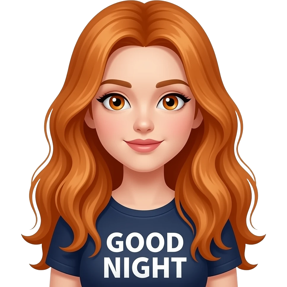 sexy girl with overlong ginger hair and ginger eyes a top with GOOD NIGHT written on it emoji