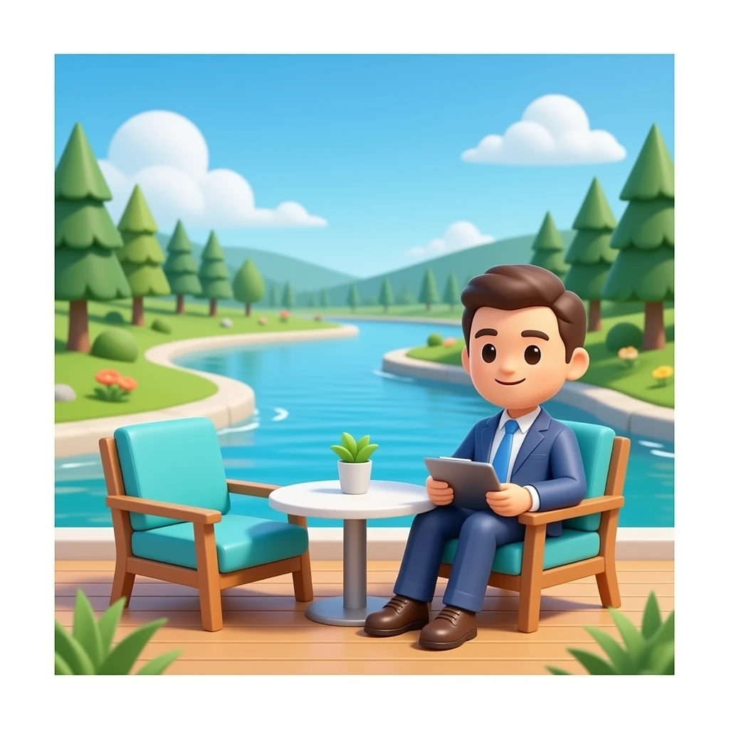 Novo Restaurant & Lounge: 3D emoji style, glossy surface, soft shadows, white background, centered, no text, cute character on a creek-side patio, relaxed upscale vibe, ocean blue and teal tones, no defined gender emoji